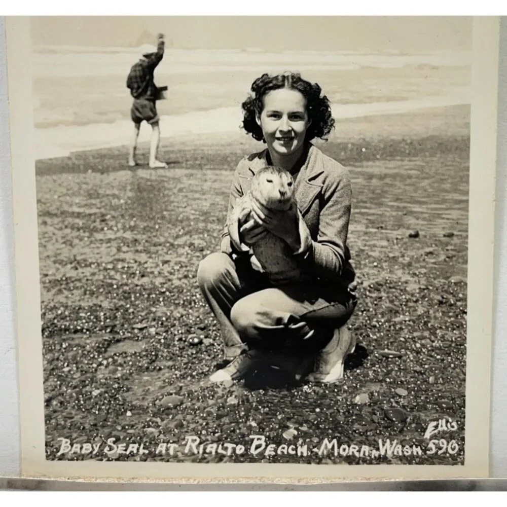 Rialto Beach Mora WA RPPC Postcard Vintage Woman with Baby Seal Snapshot